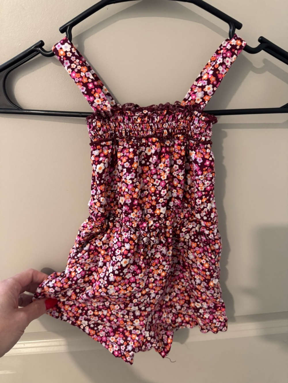 Girls Floral Smocked Romper in Burgundy and Pink